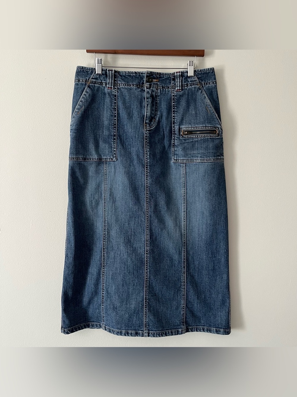 Eddie Bauer Classic Y2K Blue Denim Jean Utility Midi Skirt Autumn Modest 10 P